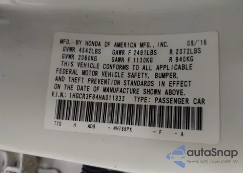 2017 Honda Accord Ex-L V6 z USA, uszkodzony, nr VIN 1HGCR3F84HA011933